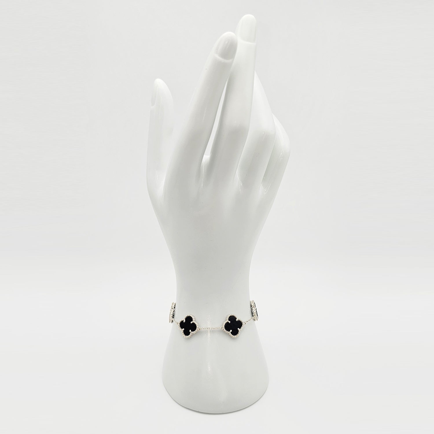 Silver Clover Shape Black Onyx  Bracelet