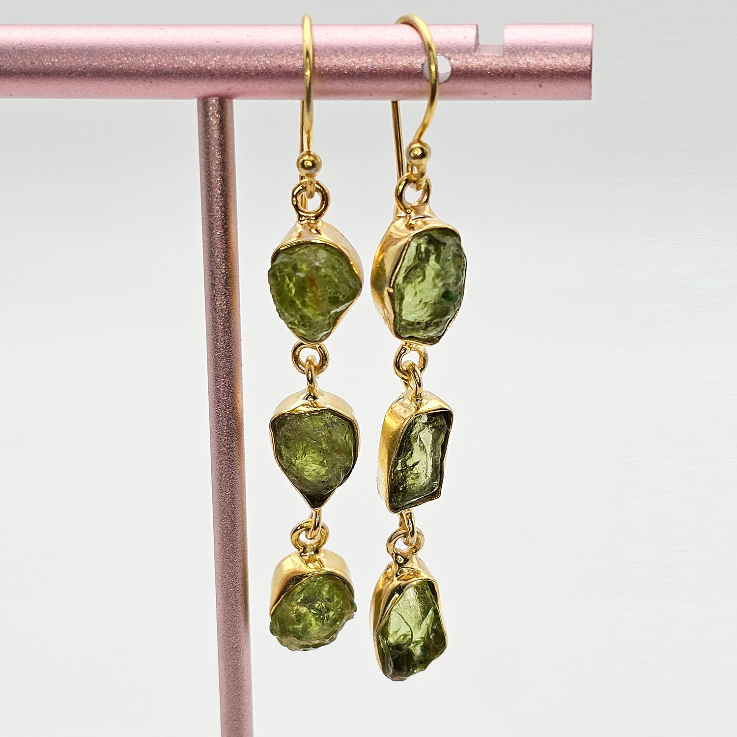 Triple drop Natural Raw Peridot  Earrings-Gold Plated