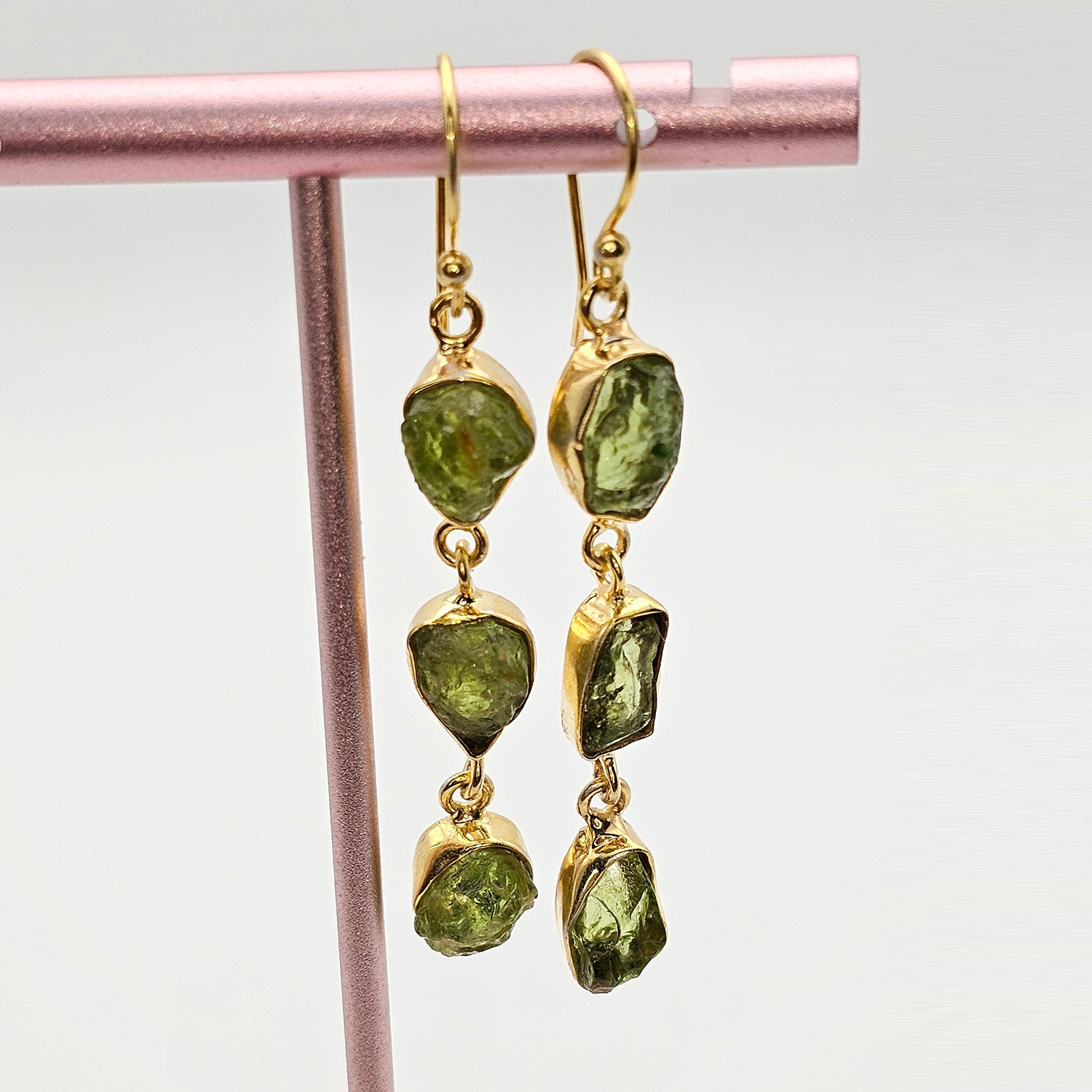 Triple drop Natural Raw Peridot  Earrings-Gold Plated