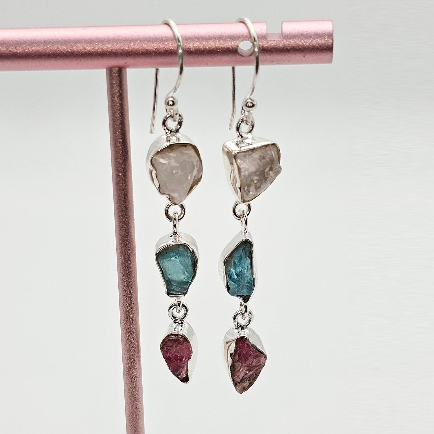 Multi Raw Natural Gemstone Silver Earrings