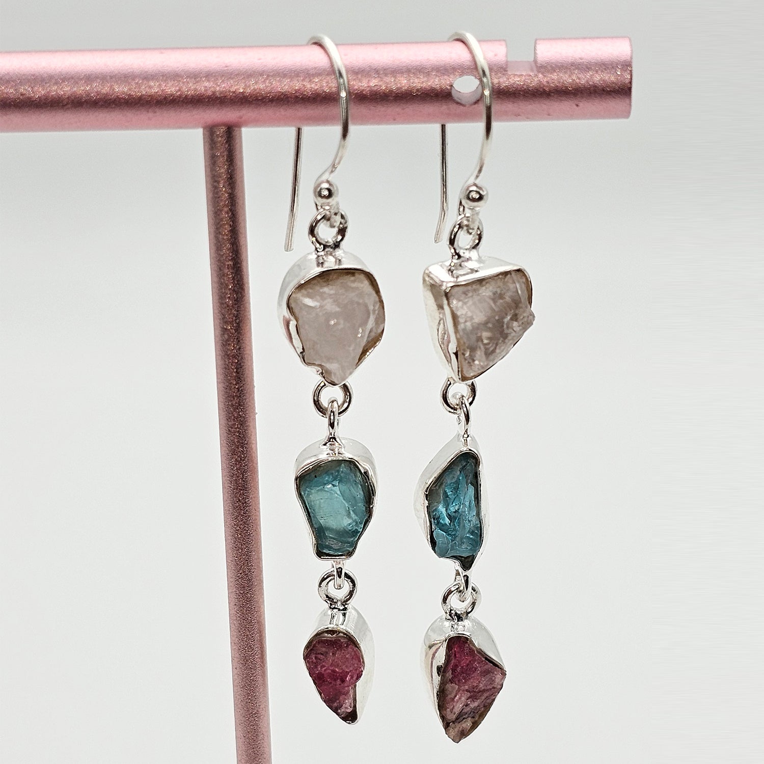 Multi Raw Natural Gemstone Silver Earrings