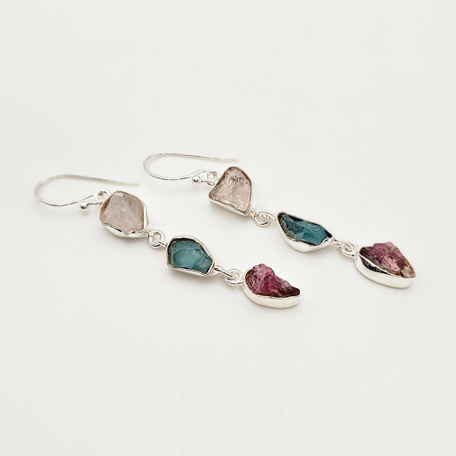 Multi Raw Natural Gemstone Silver Earrings