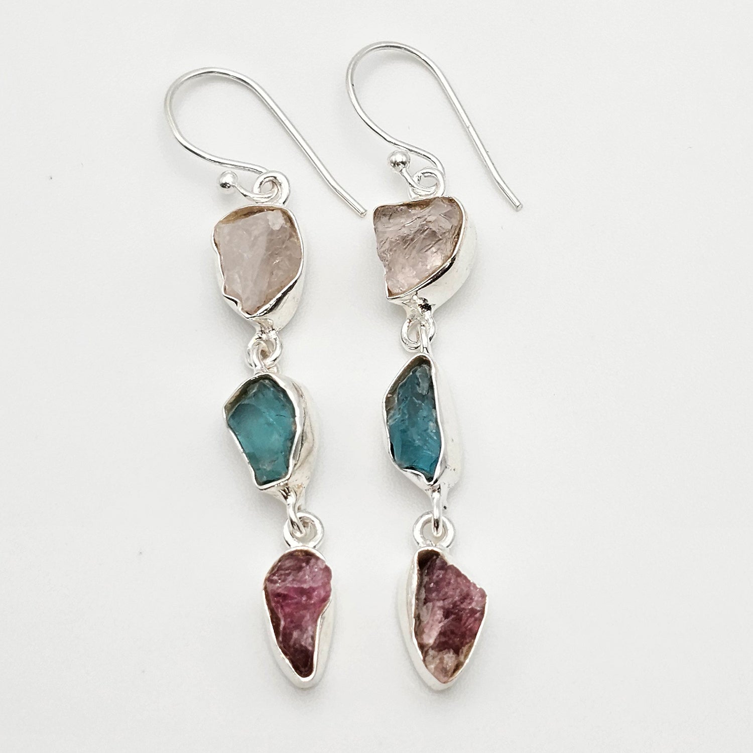 Multi Raw Natural Gemstone Silver Earrings