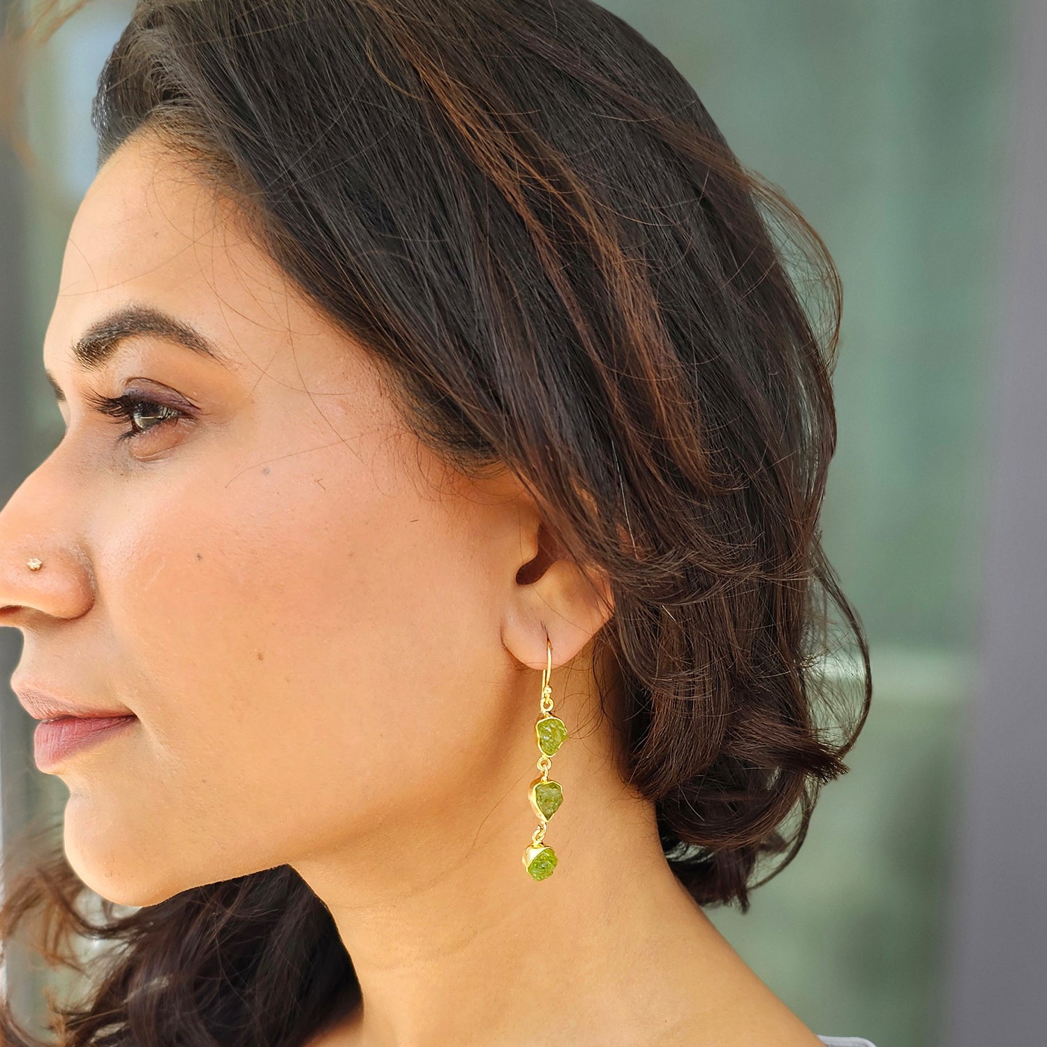 Triple drop Natural Raw Peridot  Earrings-Gold Plated