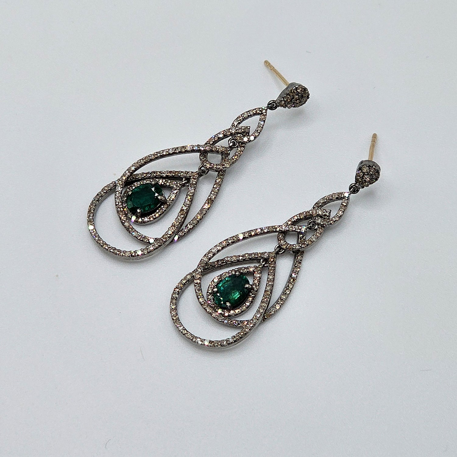 Natural Emerald & Diamond Drop  Earrings