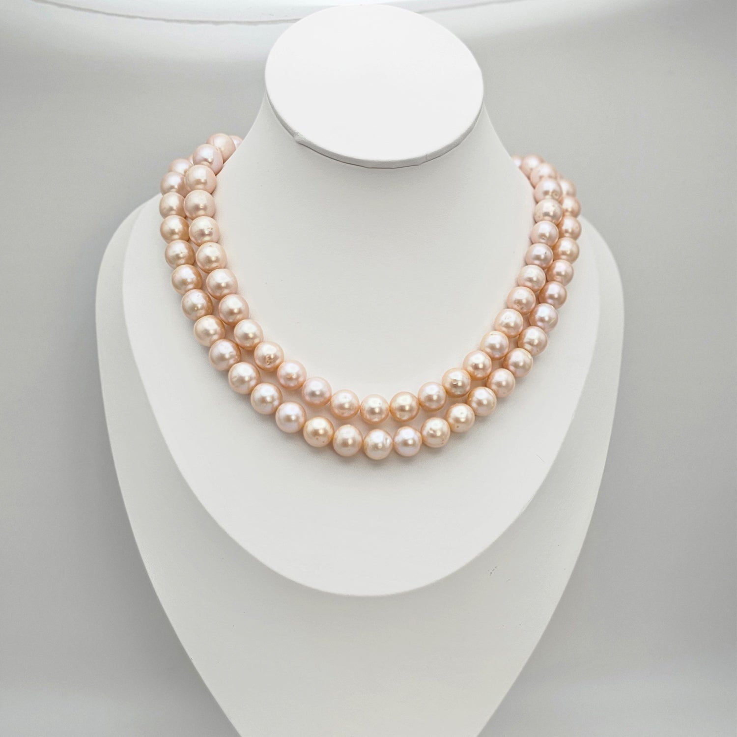 Luminous pink color freshwater pearl  necklace Two Strings (With Earrings)