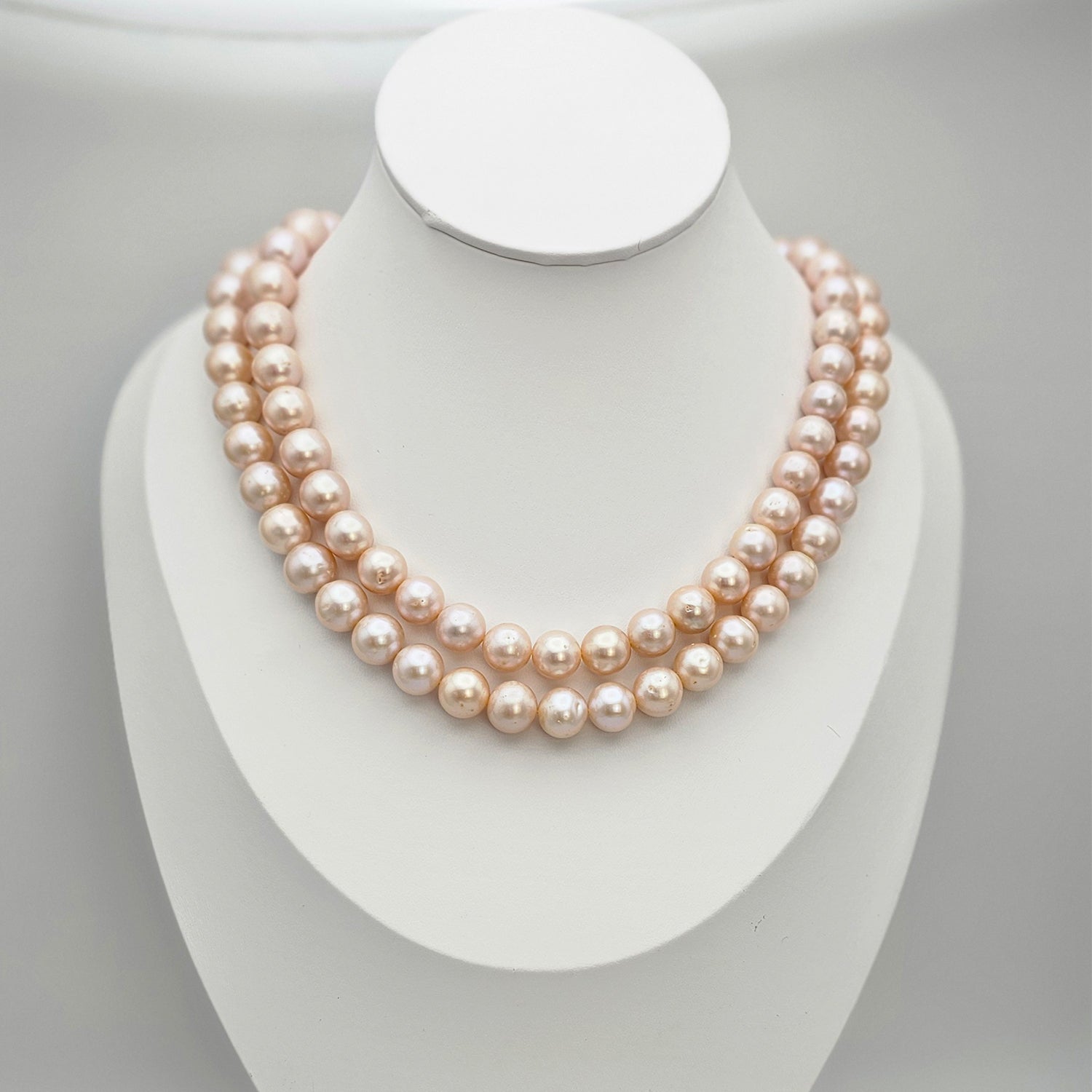 Luminous pink color freshwater pearl  necklace Two Strings (With Earrings)