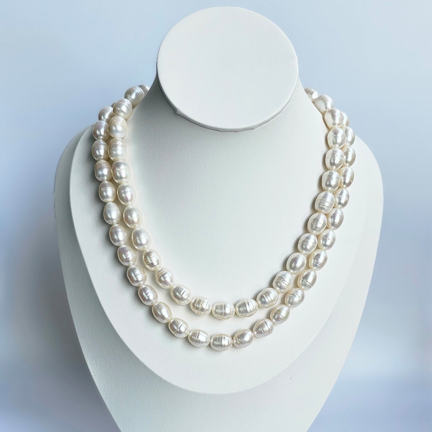 Luminous White Oval Pearl Necklace (With  Earrings) - Two Strings