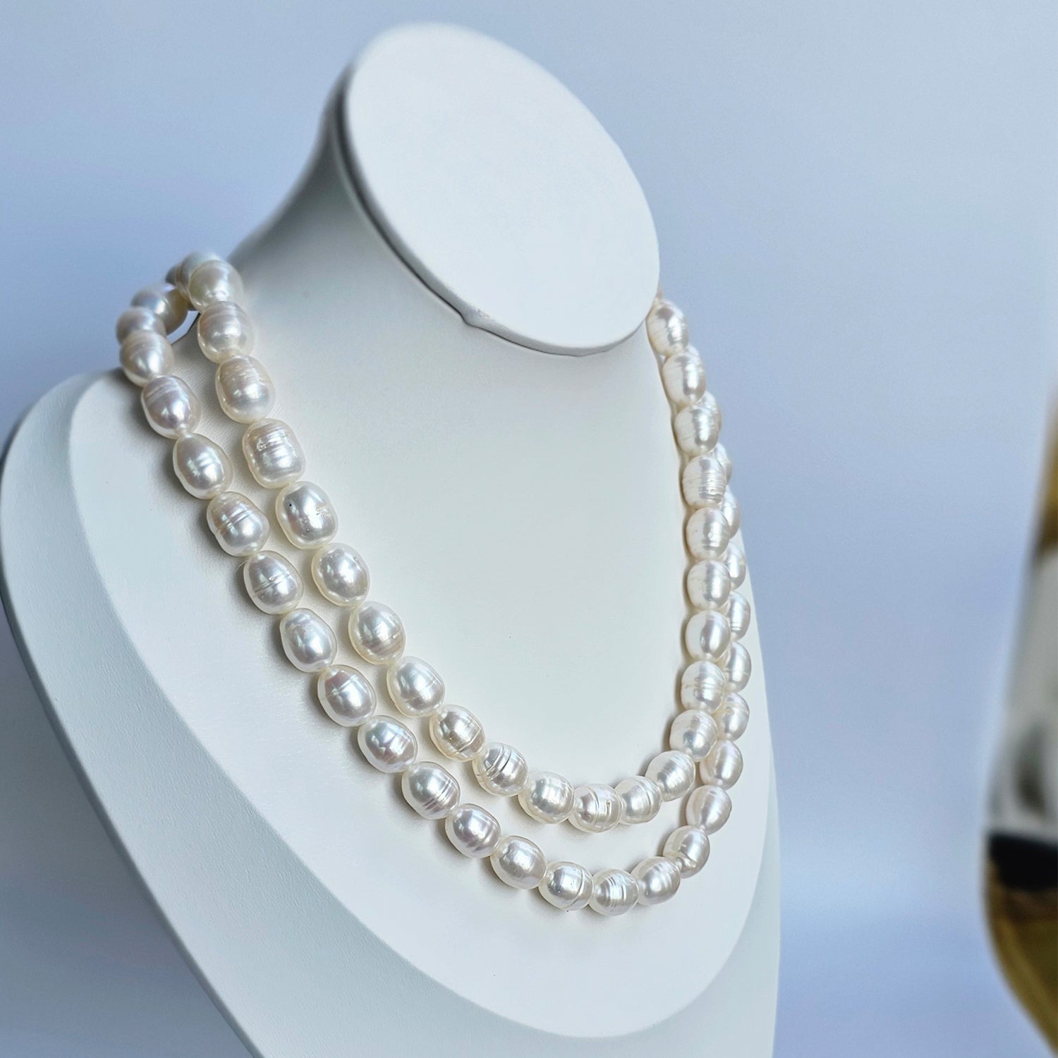 Luminous White Oval Pearl Necklace (With  Earrings) - Two Strings