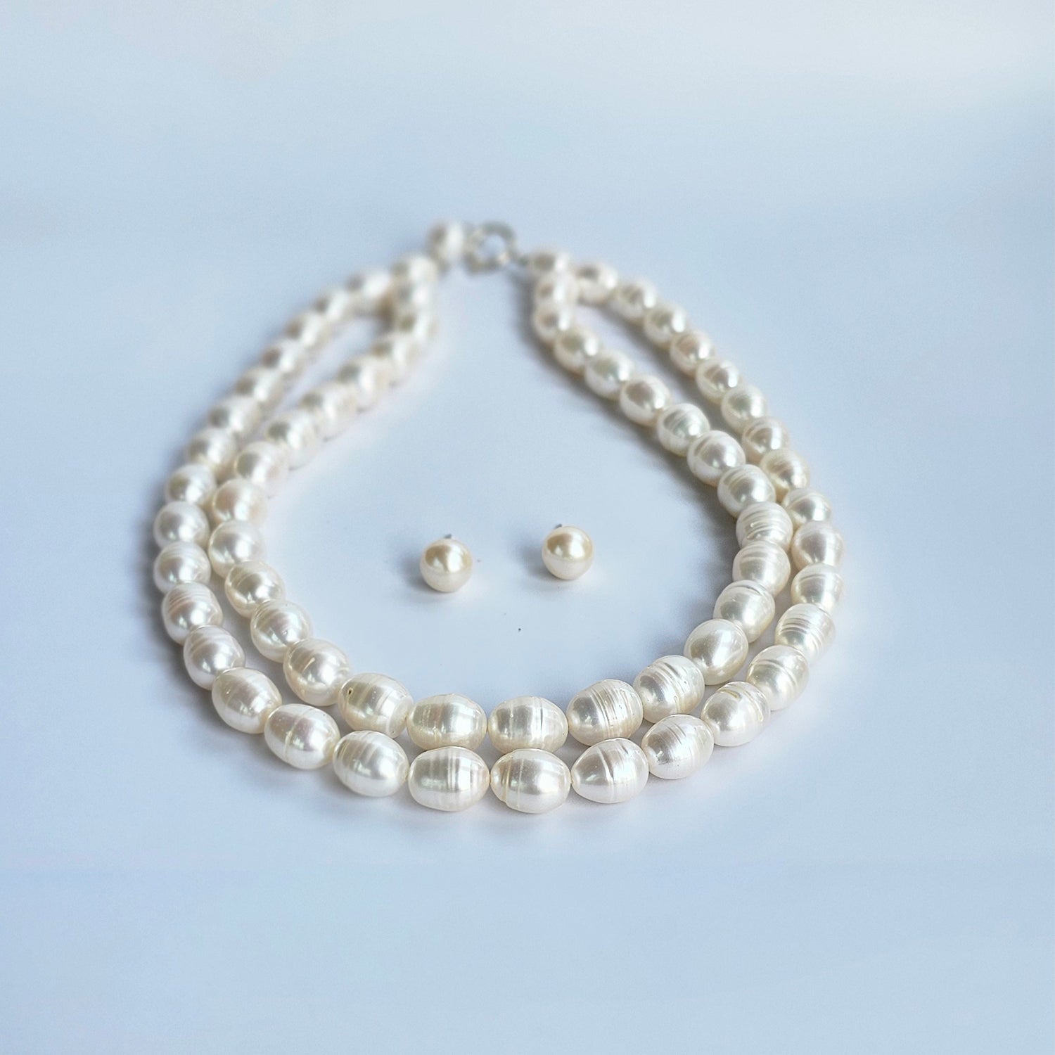 Luminous White Oval Pearl Necklace (With  Earrings) - Two Strings