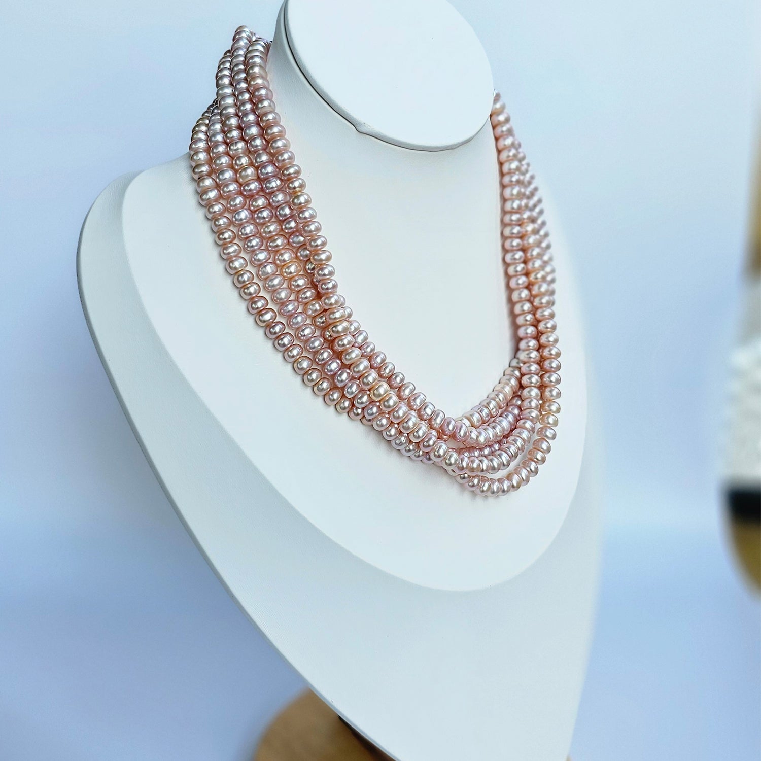 Roseate Freshwater Pearl Necklace (Pink  Color) Five Strings (With Earrings)