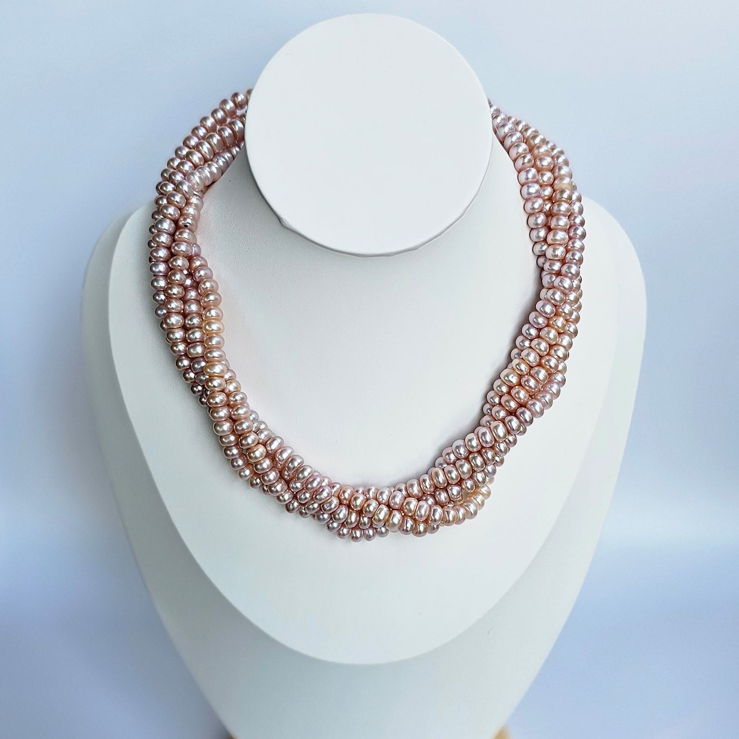 Roseate Freshwater Pearl Necklace (Pink  Color) Five Strings (With Earrings)