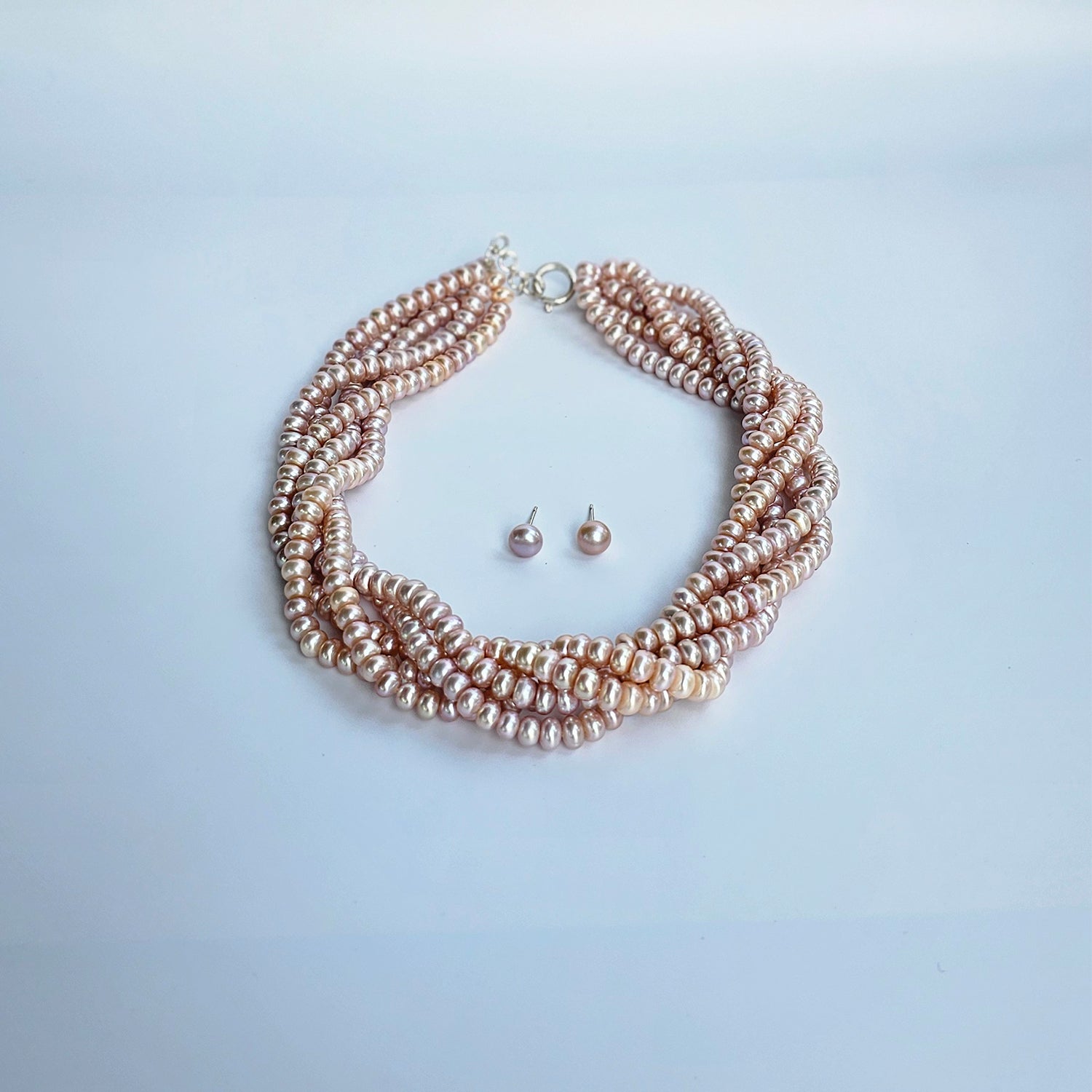 Roseate Freshwater Pearl Necklace (Pink  Color) Five Strings (With Earrings)