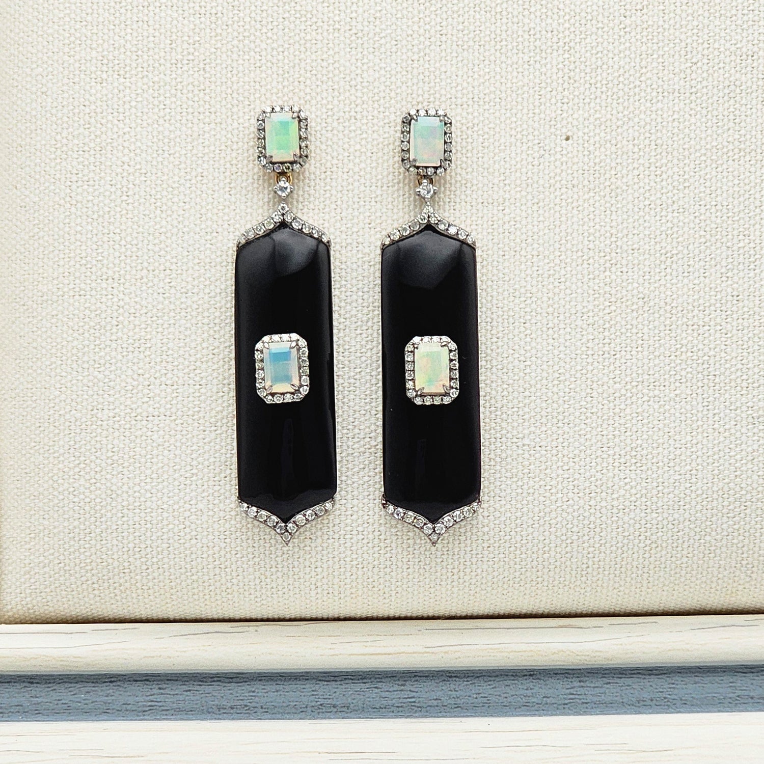 Art Deco Style Black Onyx and Opal  Earrings