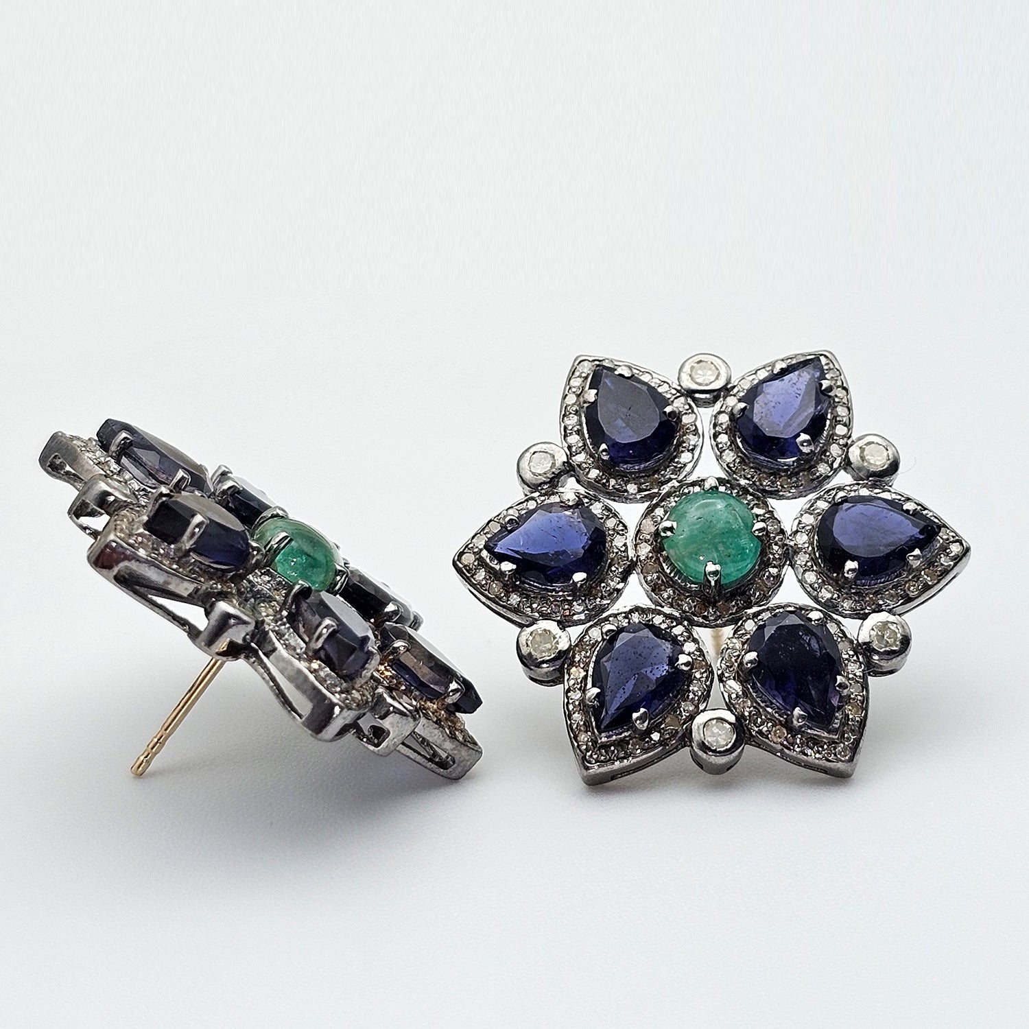 Natural Iolite and Diamond Flower  Shaped Studs