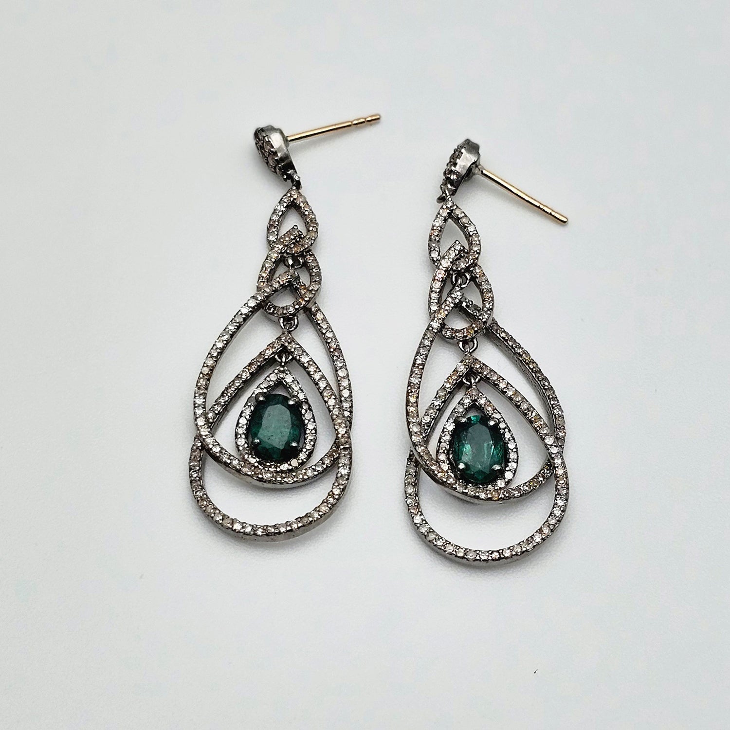 Natural Emerald & Diamond Drop  Earrings