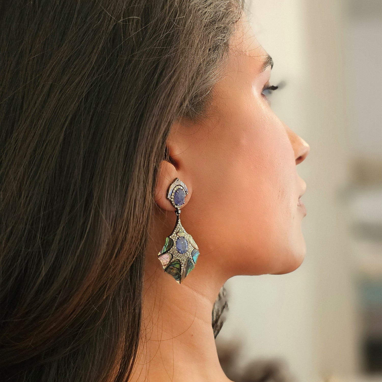 Natural Tanzanite & Diamond shell Earrings