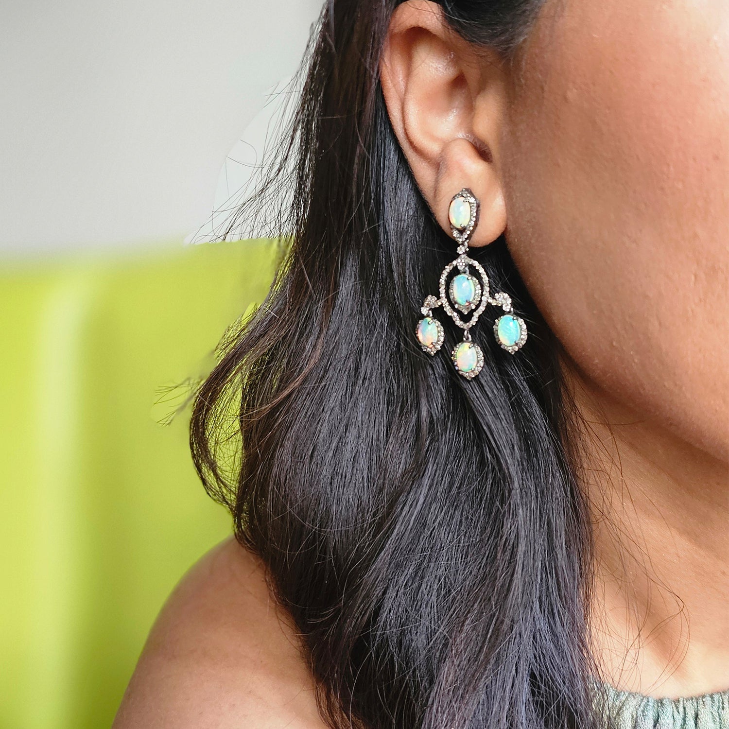 Vintage Natural Opal & Diamond  Earrings