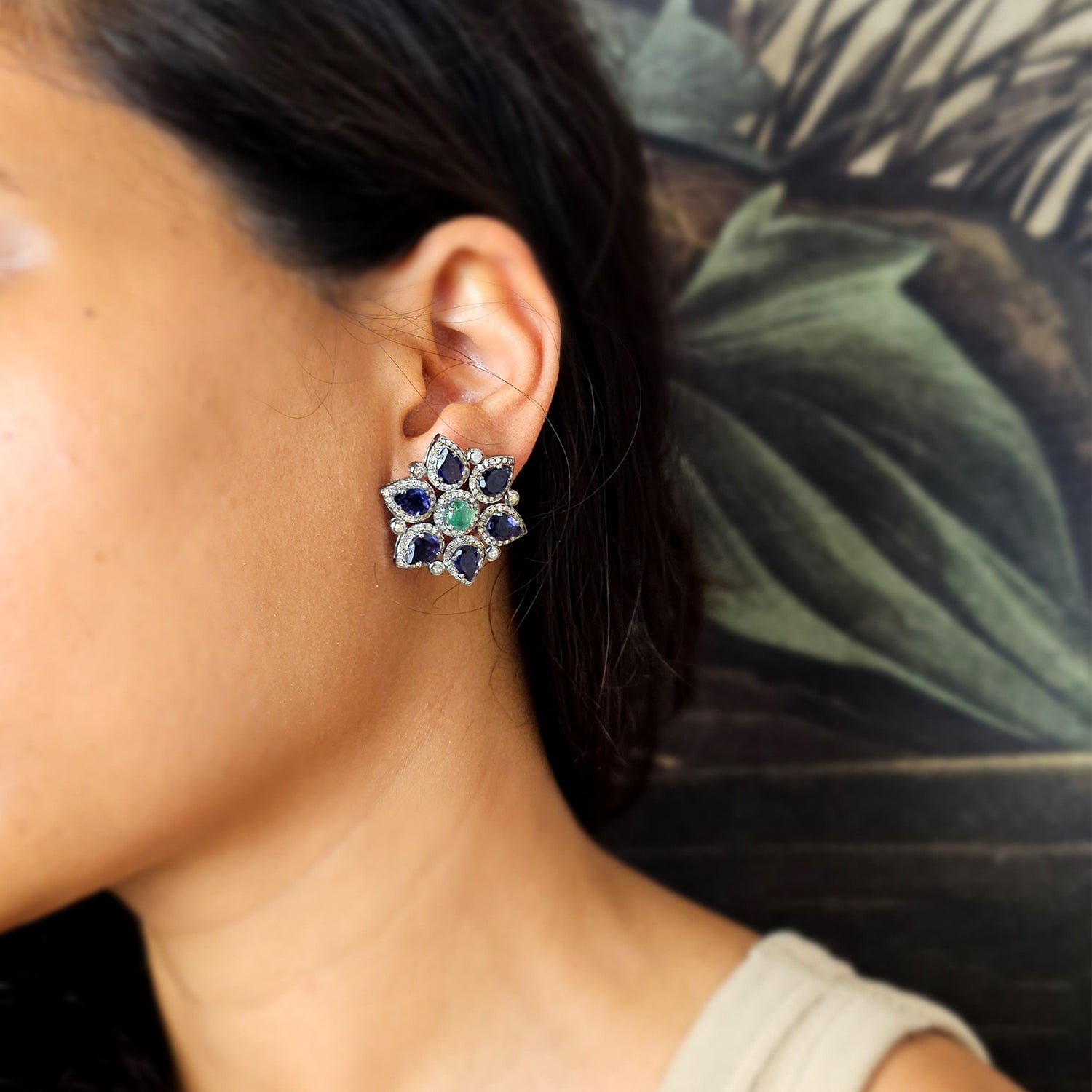 Natural Iolite and Diamond Flower  Shaped Studs