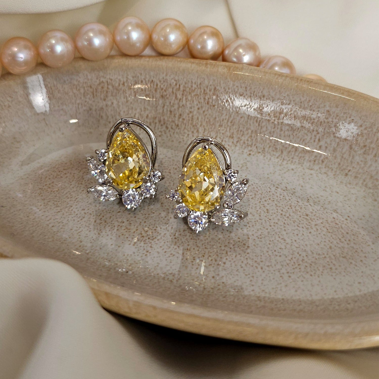 Pear Shape Yellow and White Swarovski  Clustered Studs