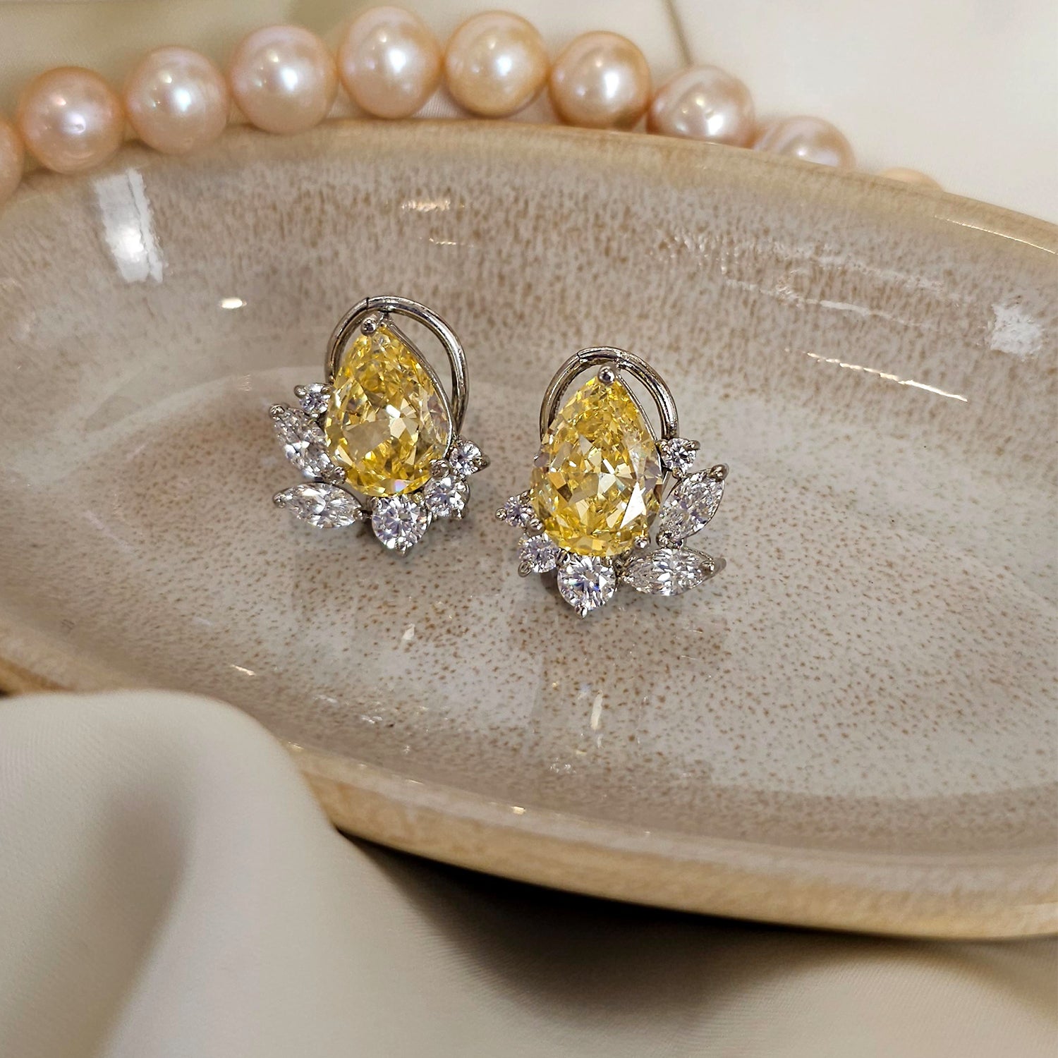 Pear Shape Yellow and White Swarovski  Clustered Studs