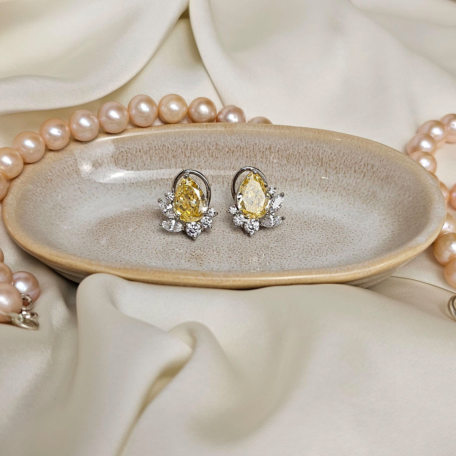 Pear Shape Yellow and White Swarovski  Clustered Studs