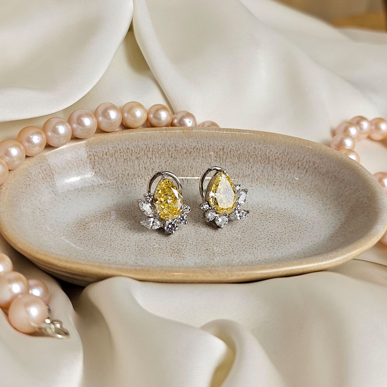 Pear Shape Yellow and White Swarovski  Clustered Studs