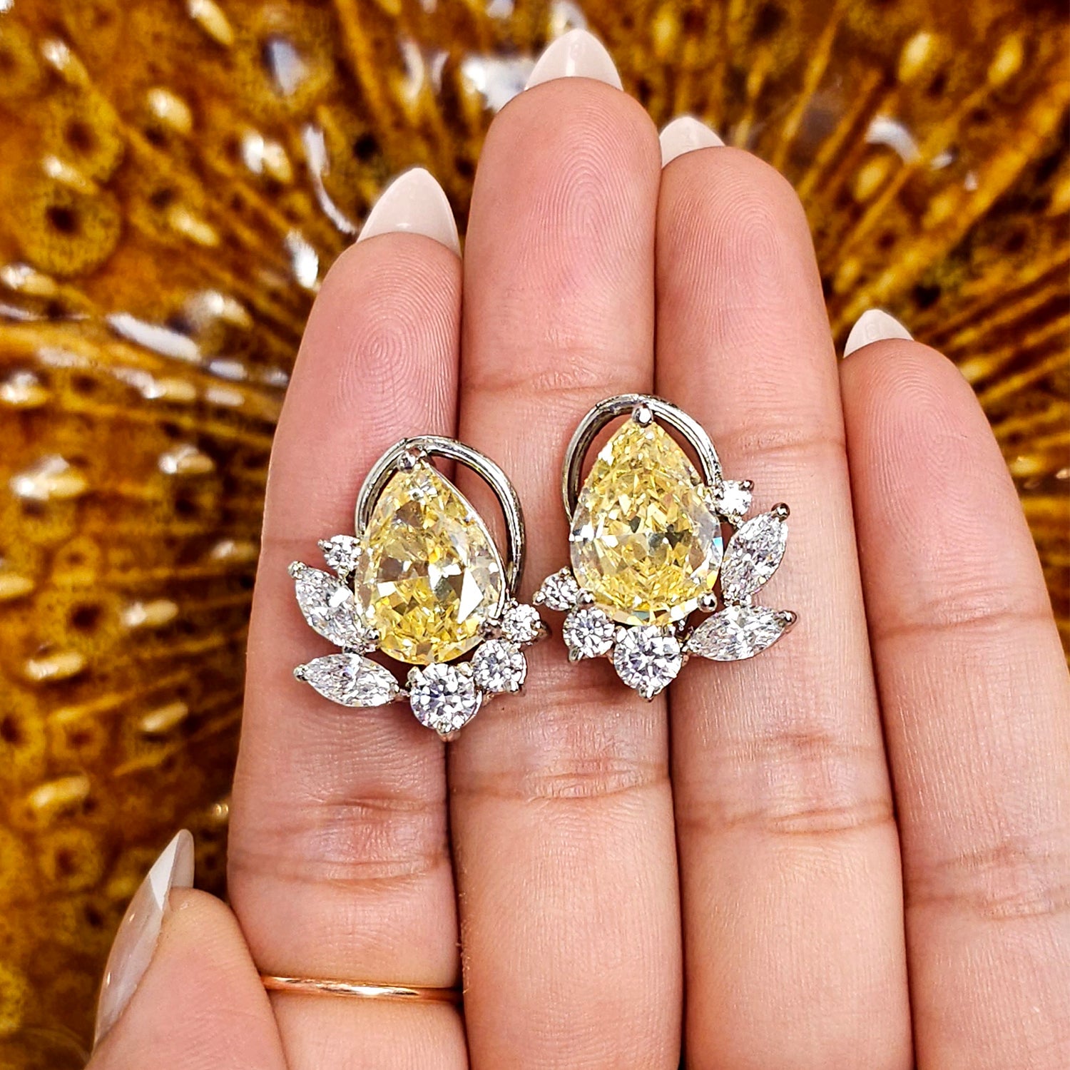 Pear Shape Yellow and White Swarovski  Clustered Studs