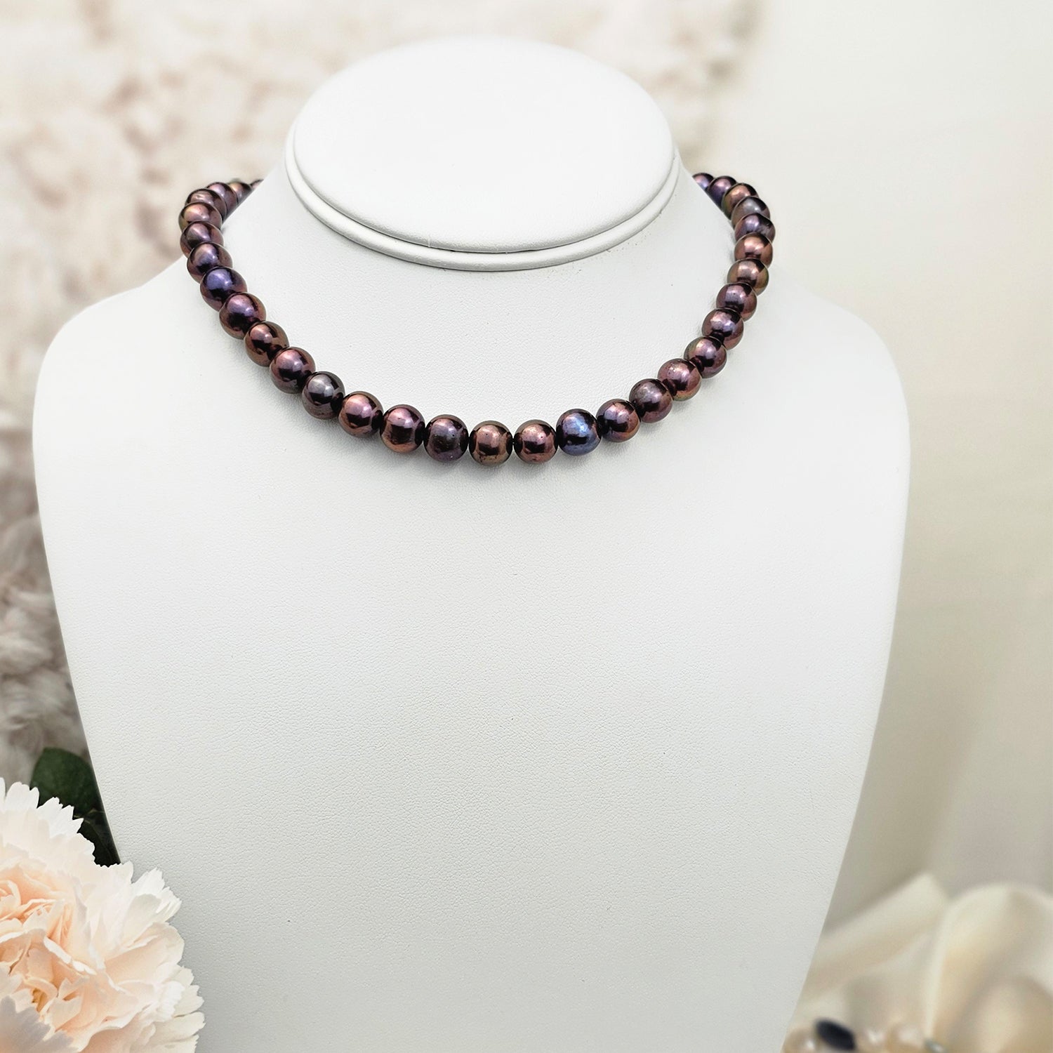 Metallic Blueish Purple Pearl Necklace Single  String (With Earrings)