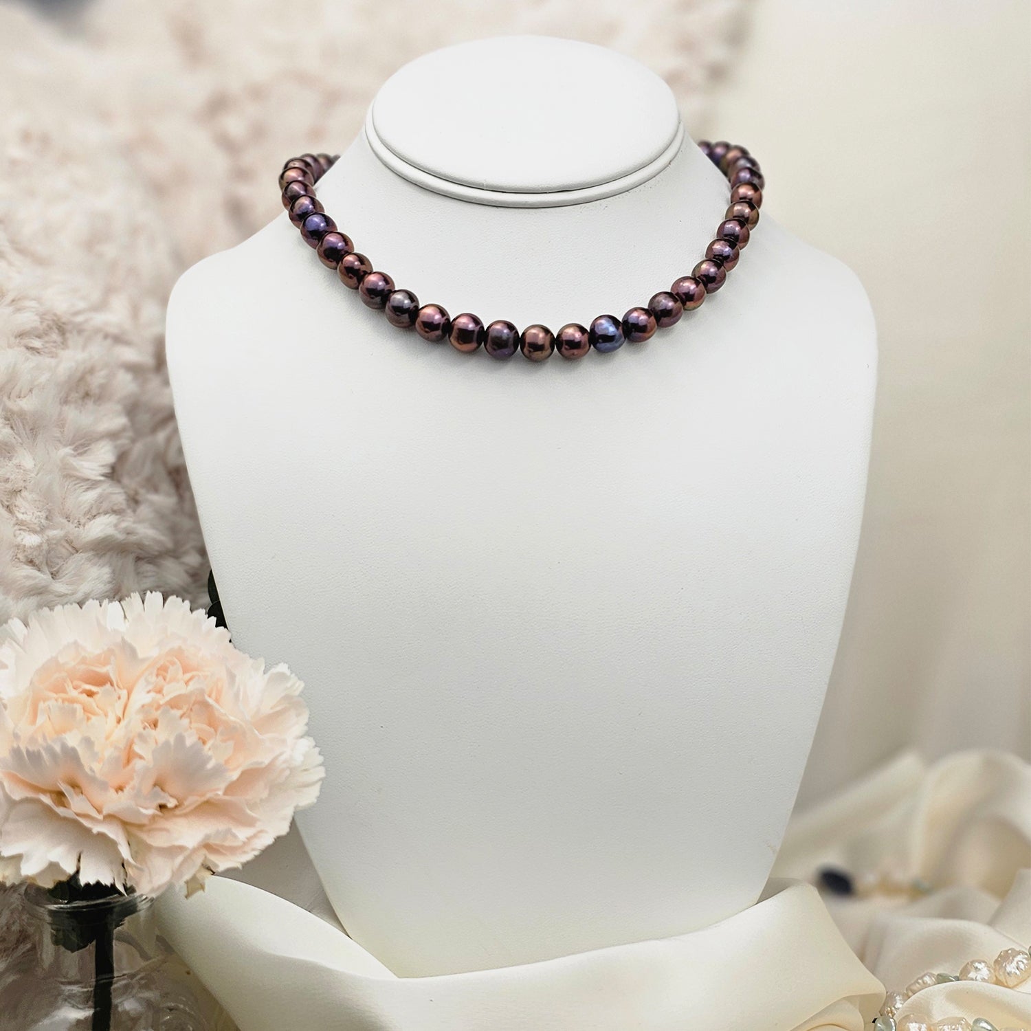 Metallic Blueish Purple Pearl Necklace Single  String (With Earrings)