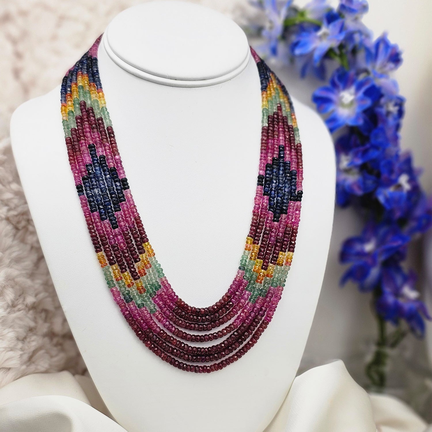 Real Sapphire Multicolor Beads Necklace Seven Strings