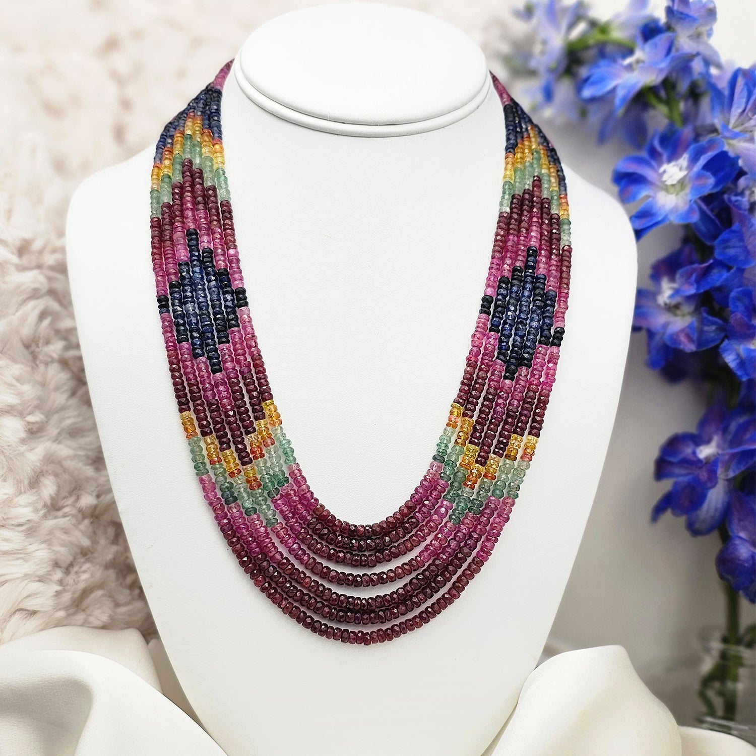 Real Sapphire Multicolor Beads Necklace Seven Strings