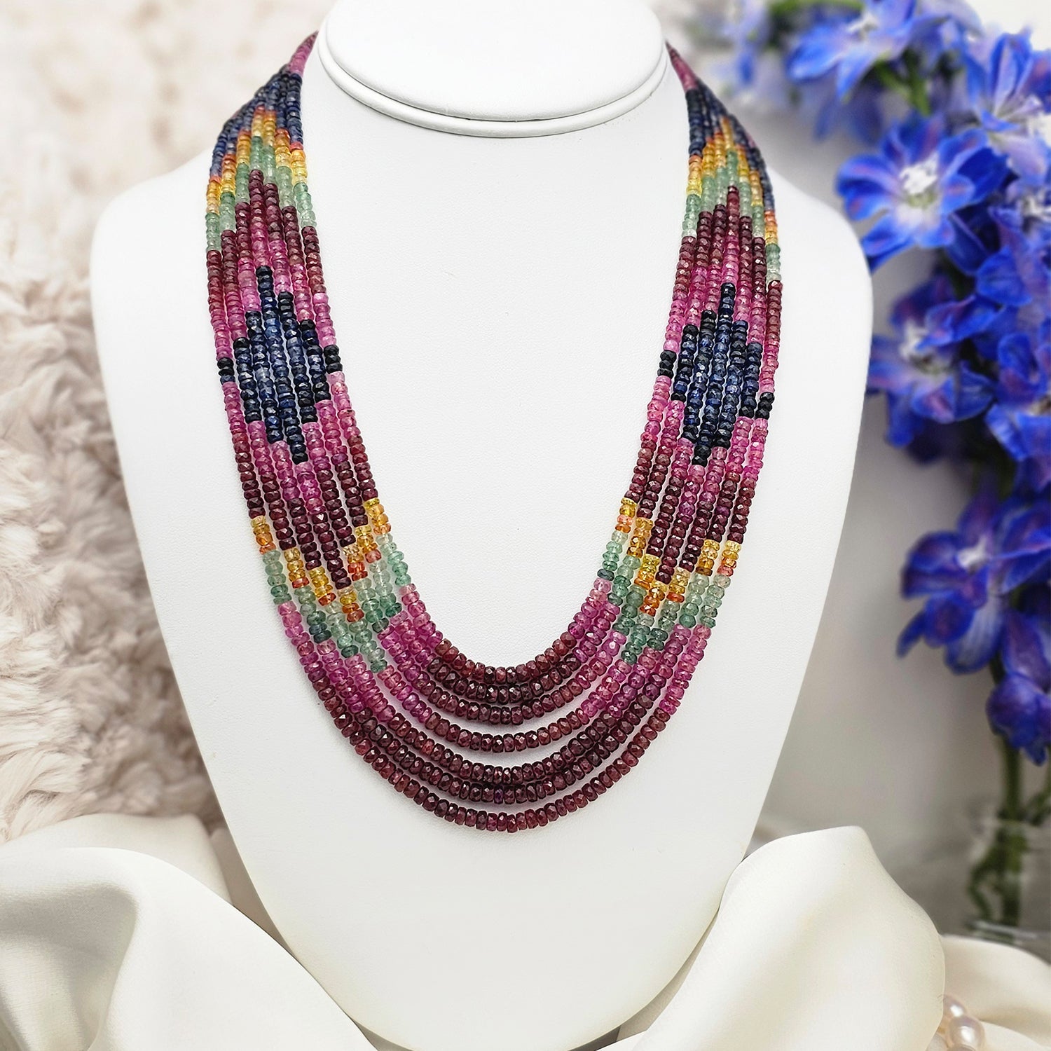 Real Sapphire Multicolor Beads Necklace Seven Strings