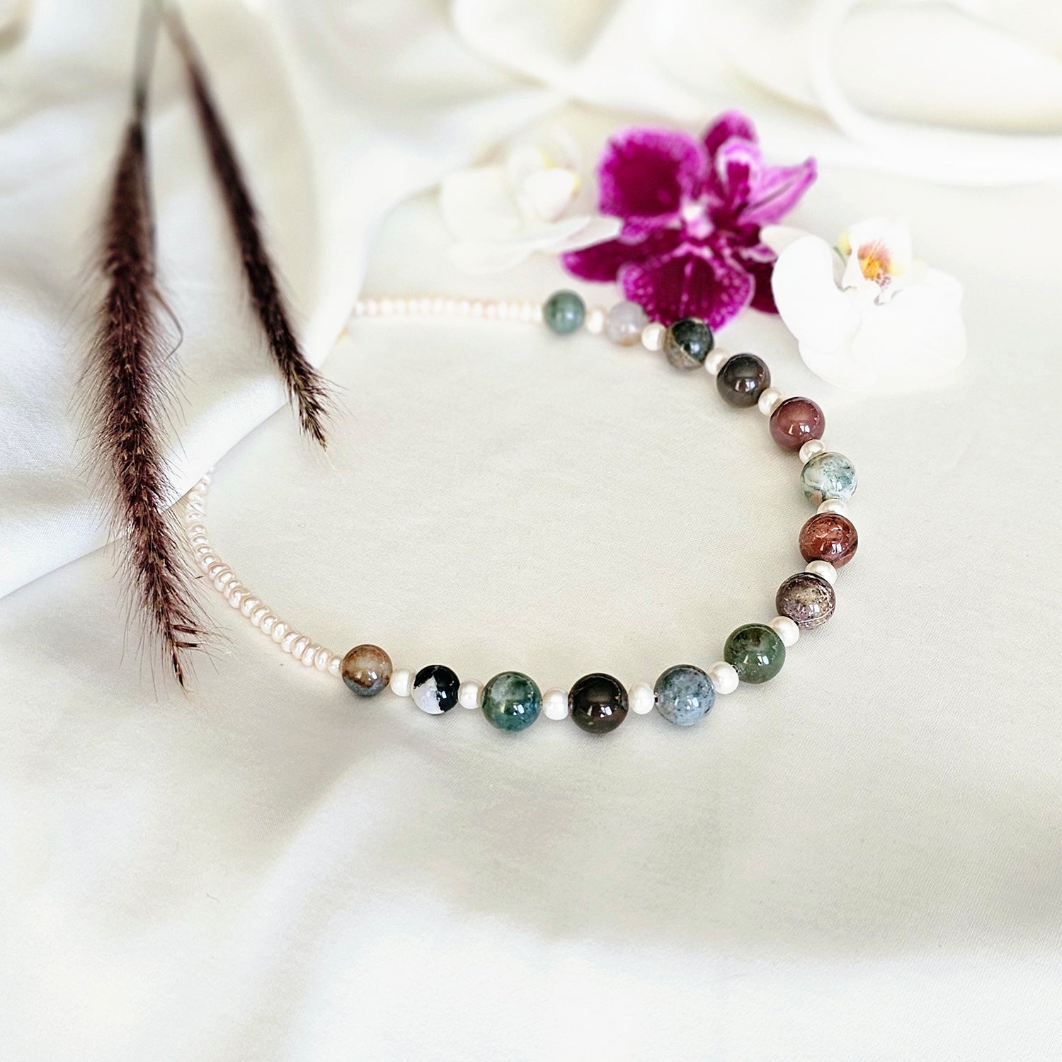 Fancy African Stone and Pearl Necklace