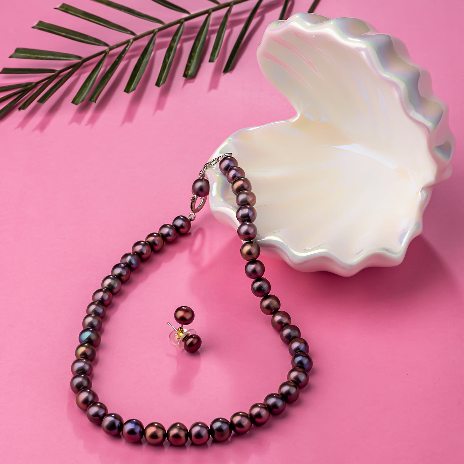 Metallic Blueish Purple Pearl Necklace Single  String (With Earrings)