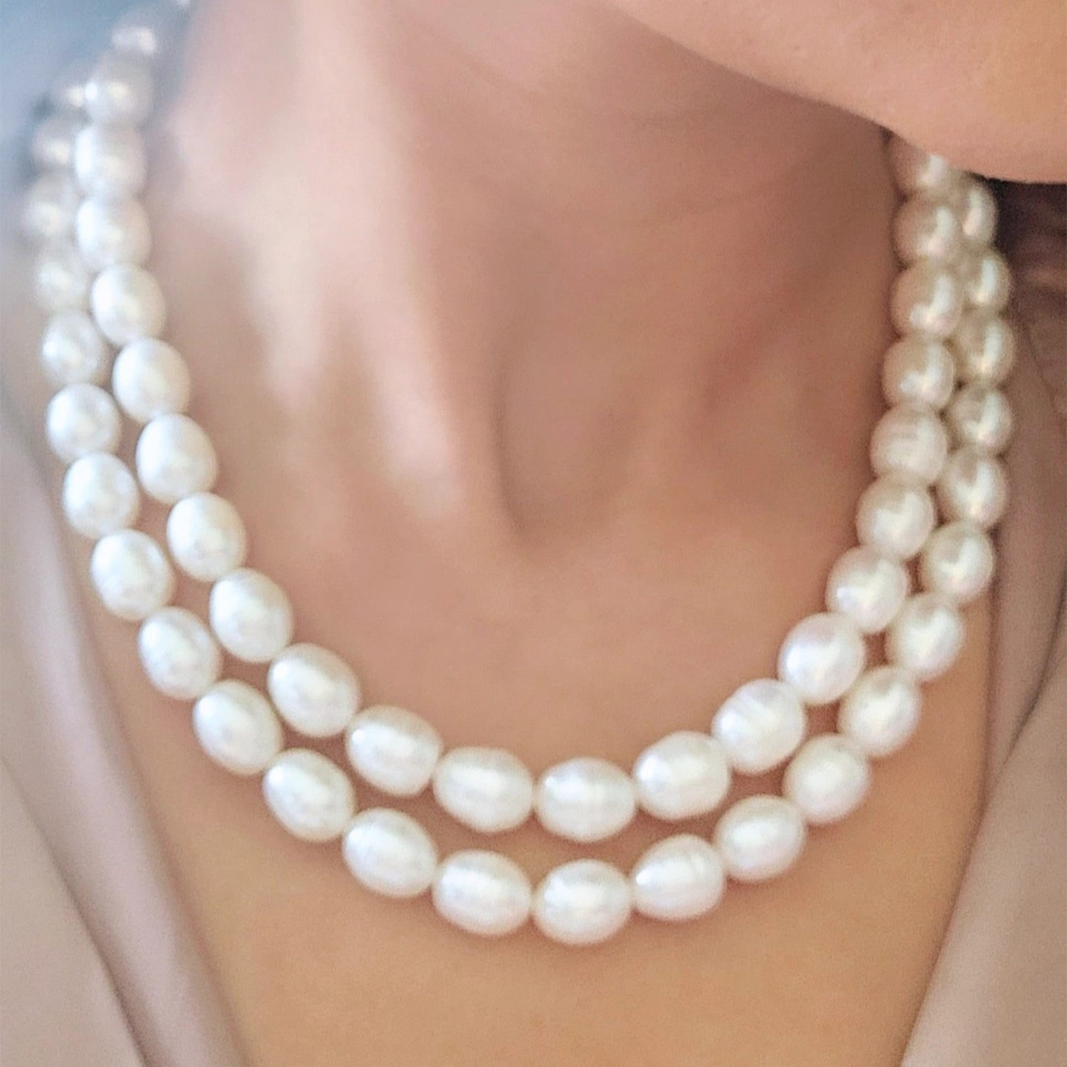 Luminous White Oval Pearl Necklace (With  Earrings) - Two Strings