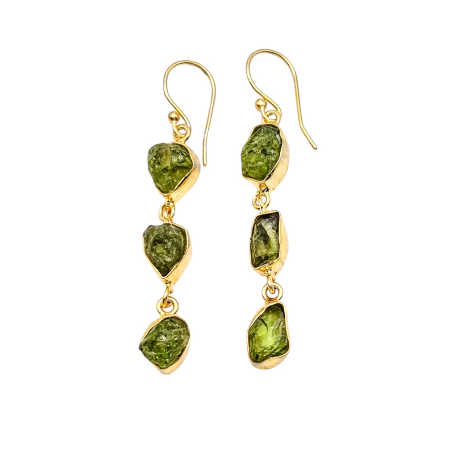 Triple drop Natural Raw Peridot  Earrings-Gold Plated