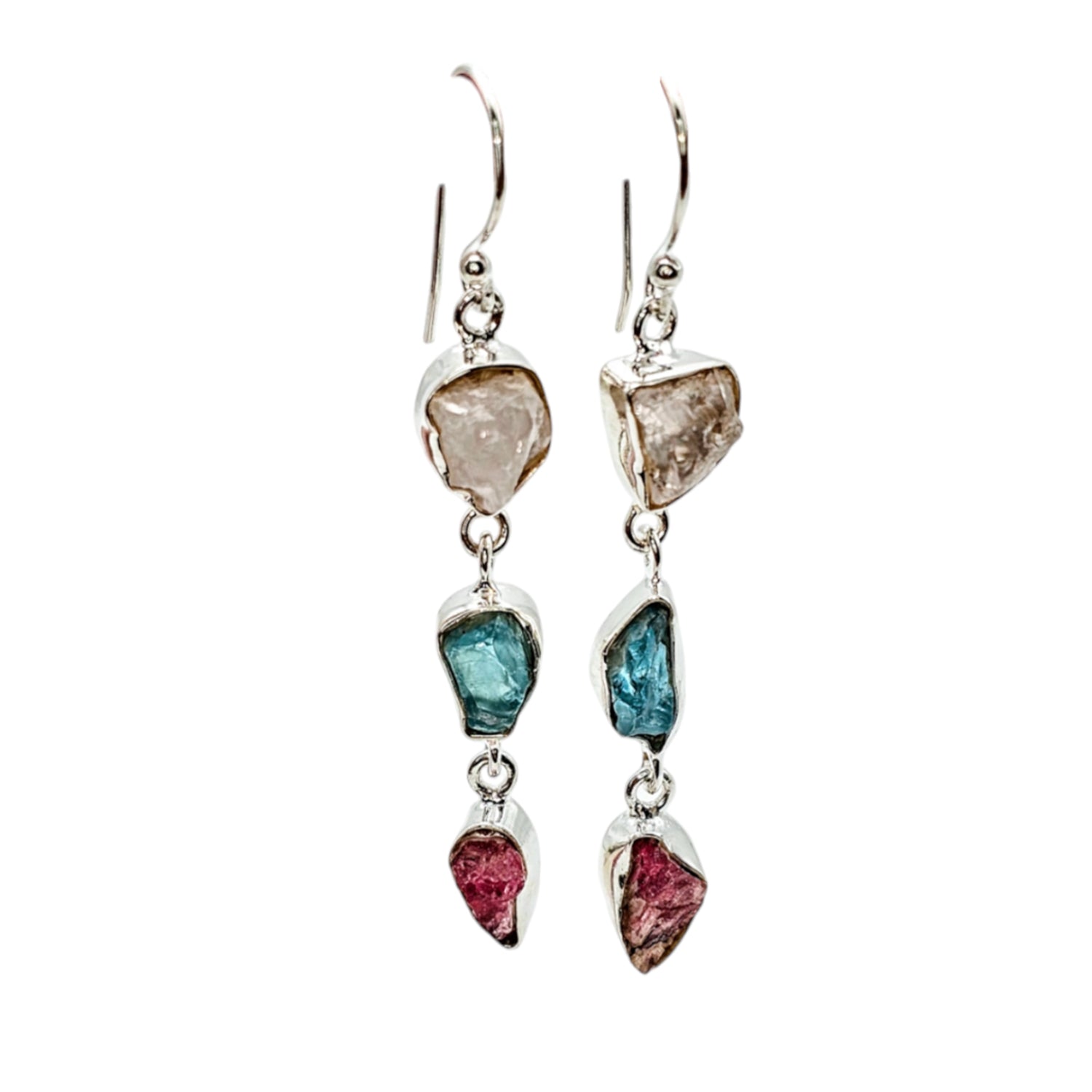 Multi Raw Natural Gemstone Silver Earrings