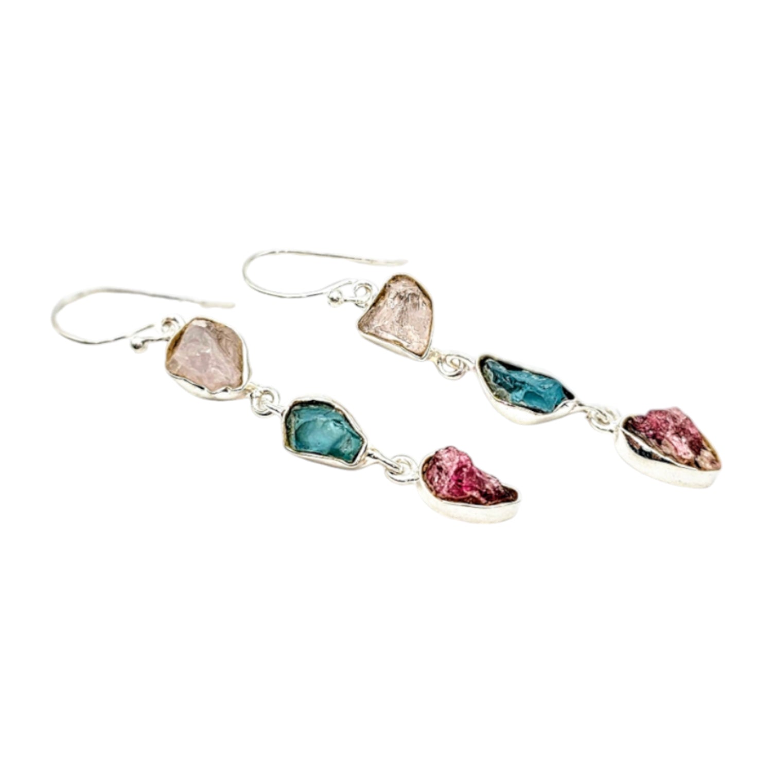 Multi Raw Natural Gemstone Silver Earrings