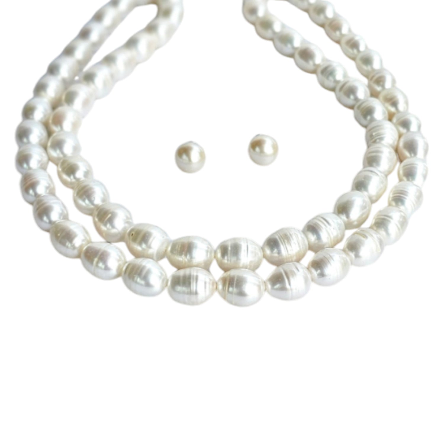 Luminous White Oval Pearl Necklace (With  Earrings) - Two Strings