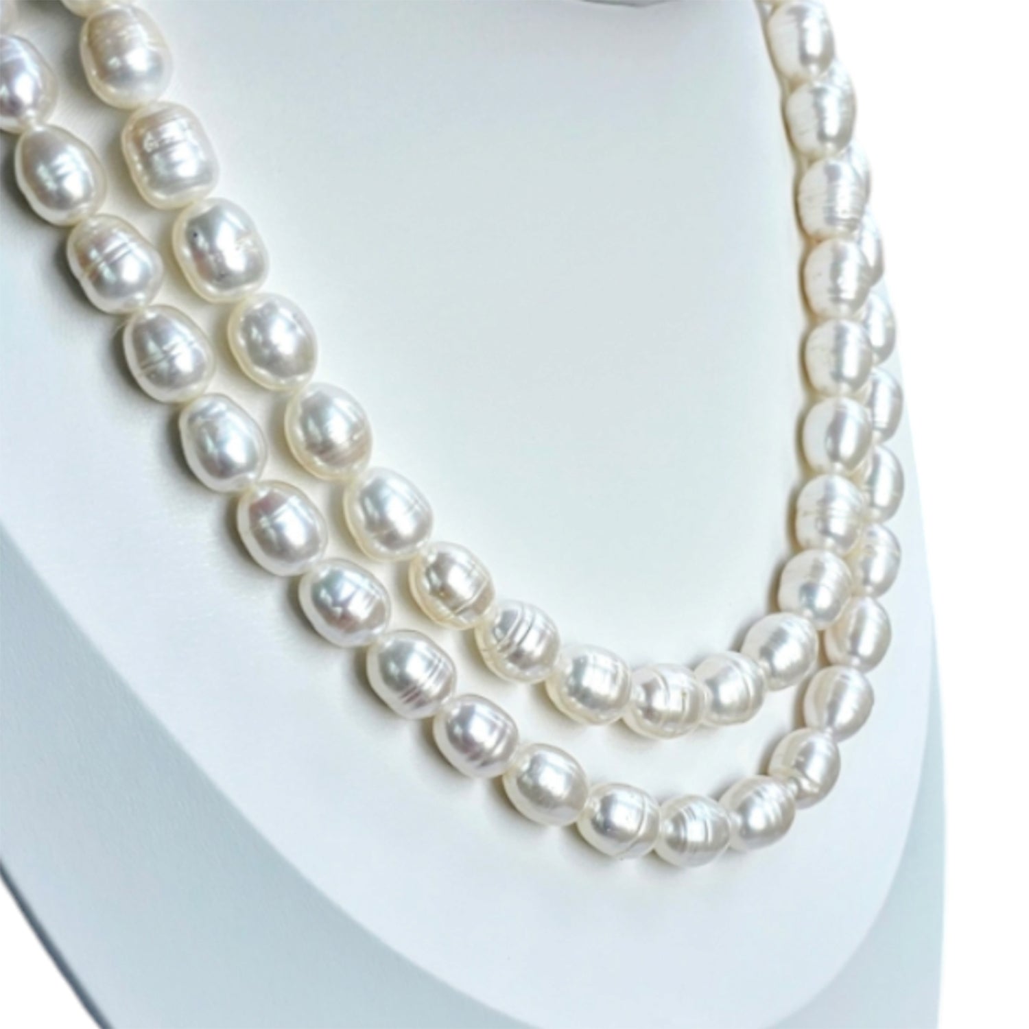 Luminous White Oval Pearl Necklace (With  Earrings) - Two Strings