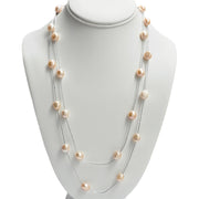 Long Peach Baroque Pearl Silver  Chain
