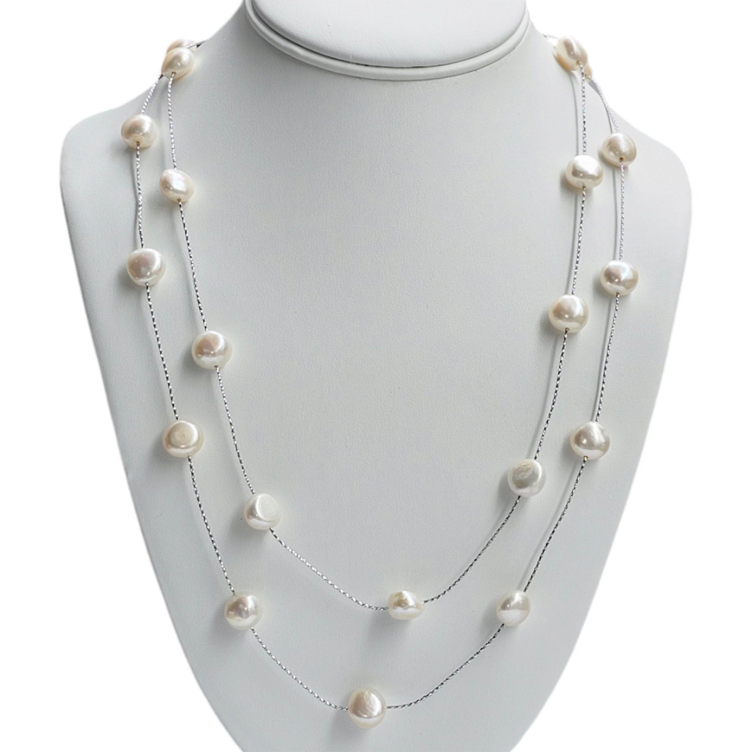 Long White Baroque Pearl Silver  Chain