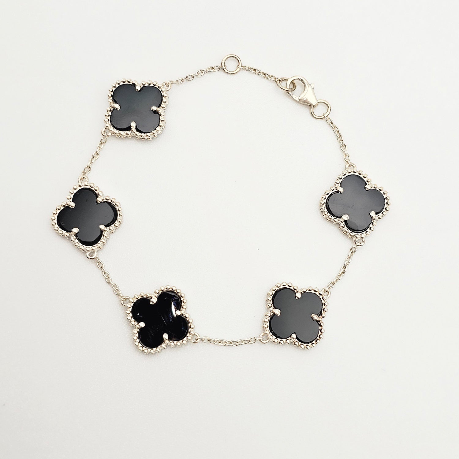 Silver Clover Shape Black Onyx  Bracelet