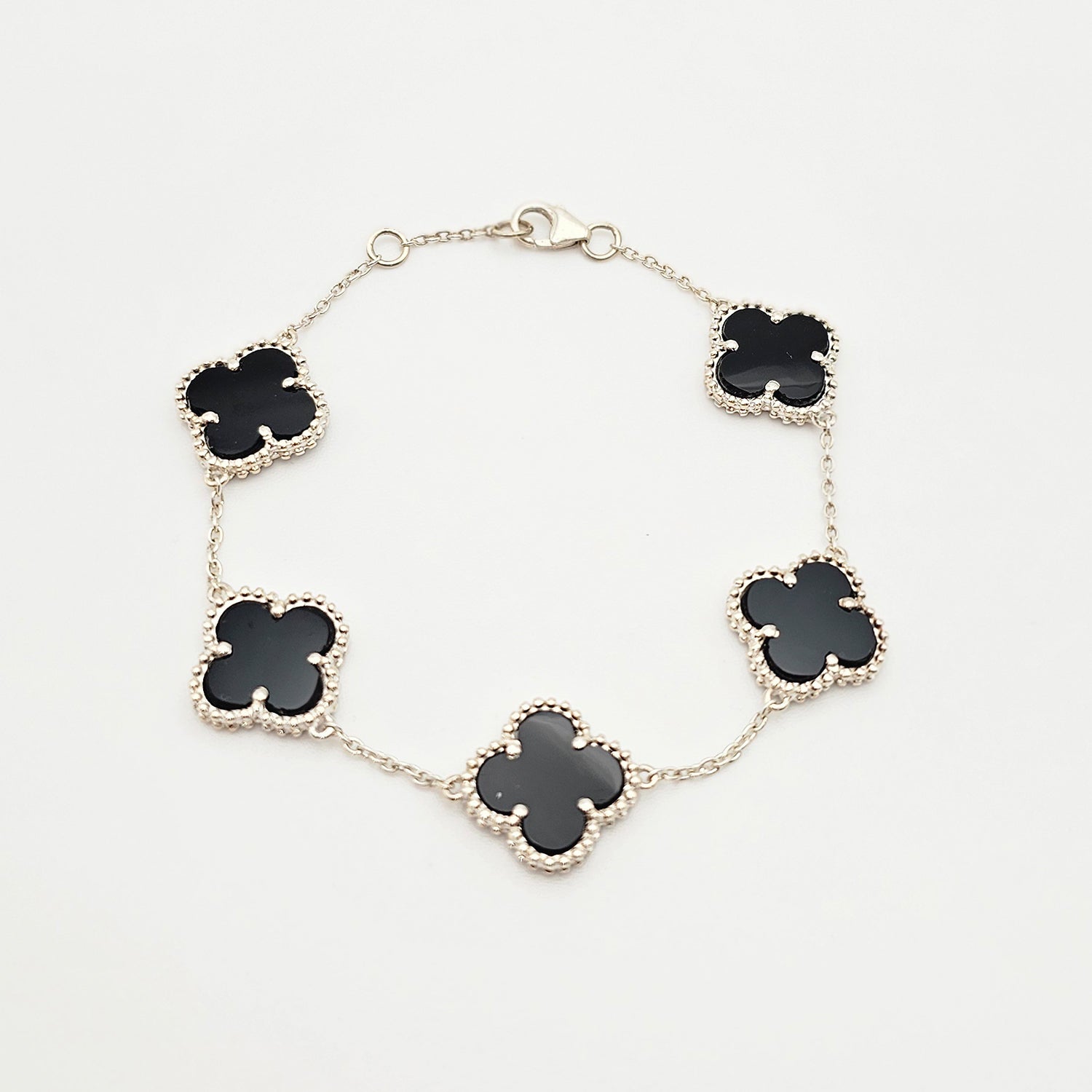 Silver Clover Shape Black Onyx  Bracelet