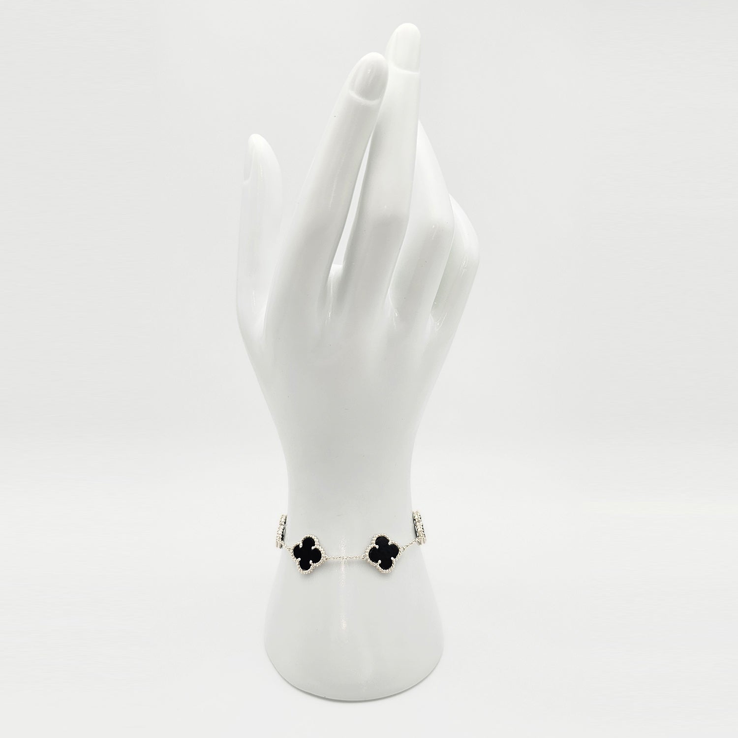 Silver Clover Shape Black Onyx  Bracelet