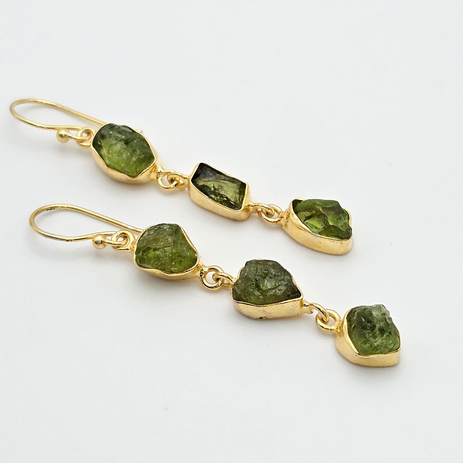 Triple drop Natural Raw Peridot  Earrings-Gold Plated