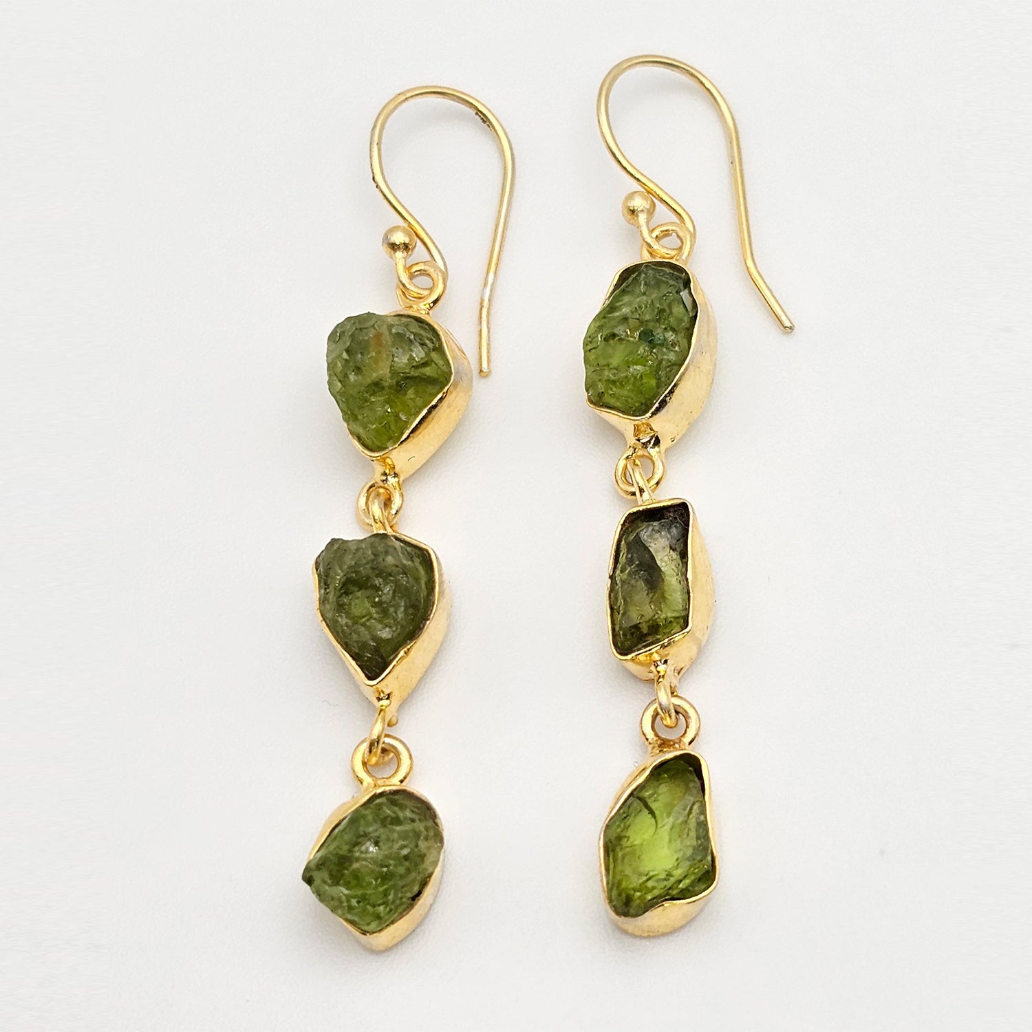 Triple drop Natural Raw Peridot  Earrings-Gold Plated
