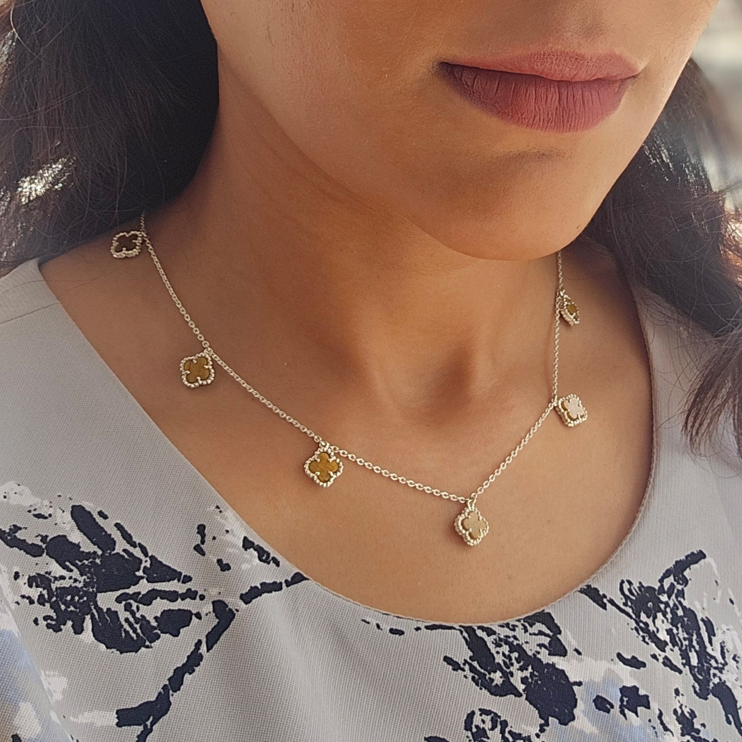 Small Clover Leaf Tiger Eye  Necklace