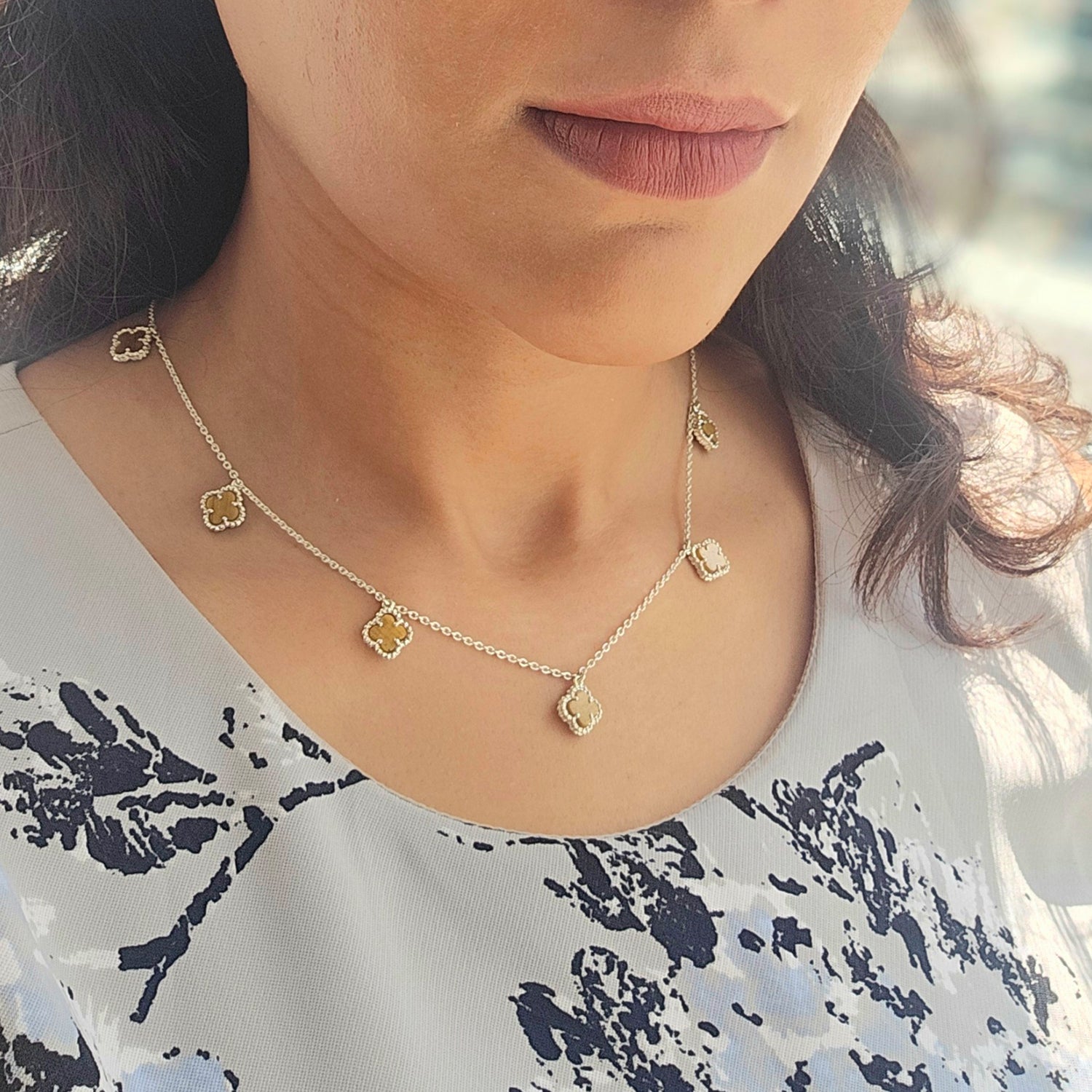 Small Clover Leaf Tiger Eye  Necklace